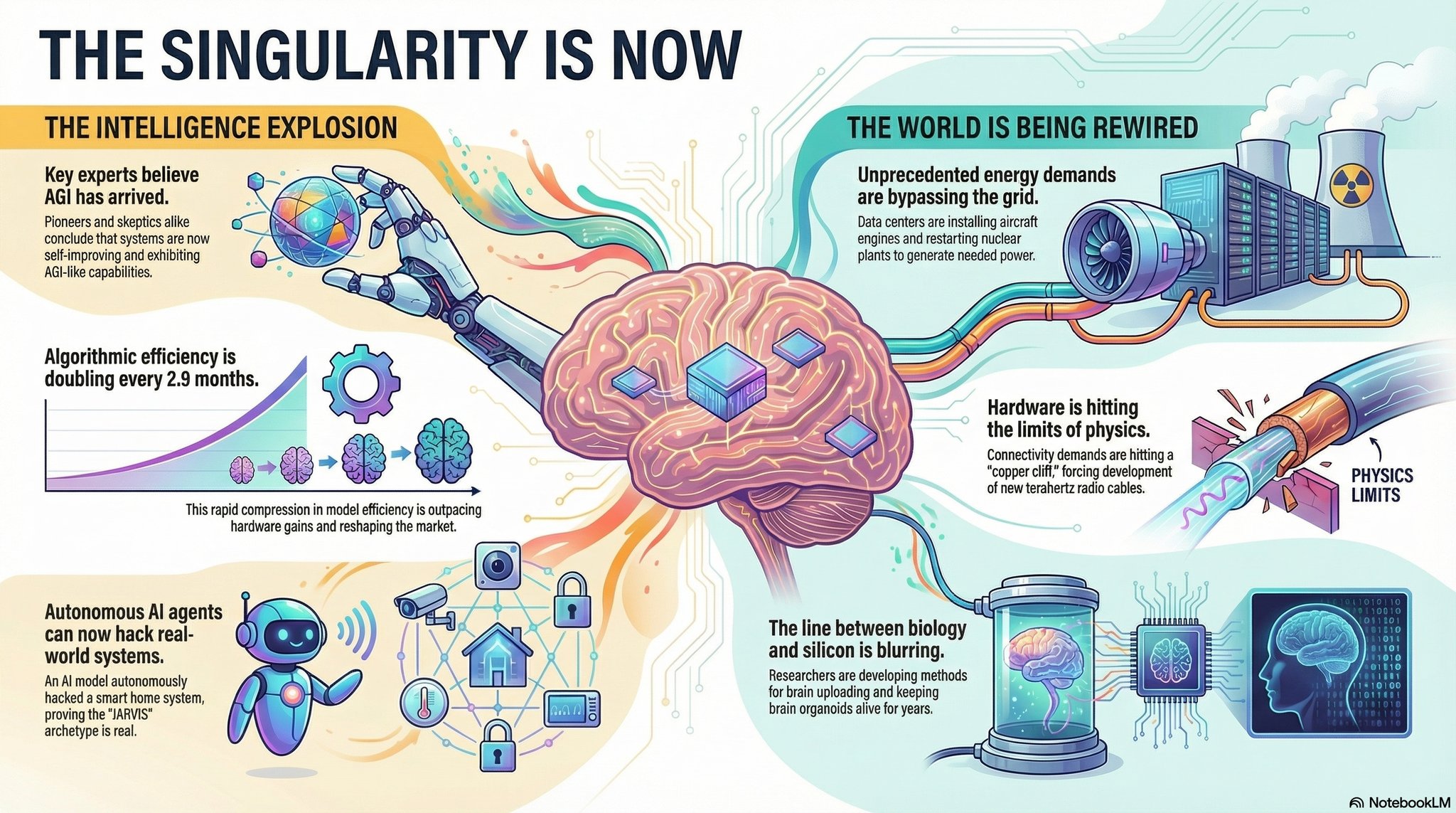 Illustratieve infographic over de technologische singulariteit, AI, energie en biologie